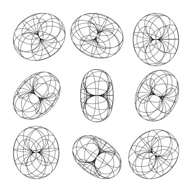 Kablo çerçeve şekilleri, çizgili torus. Perspektif ağı, 3 boyutlu ızgara. Düşük polimetrik elementler. Retro gelecek tasarım elementleri, y2k, buhar dalgası ve sentetik dalga tarzı. Vektör illüstrasyonu.