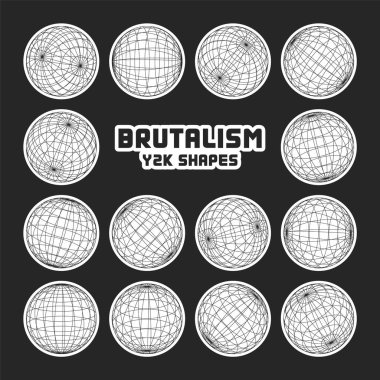 Kablo çerçeve şekilleri, çizgili küre. Perspektif ağı, 3 boyutlu ızgara. Modern trend düşük polimetrik elementler. Retro gelecek tasarım elementleri, y2k, buhar dalgası ve sentetik dalga tarzı. Vektör illüstrasyonu.