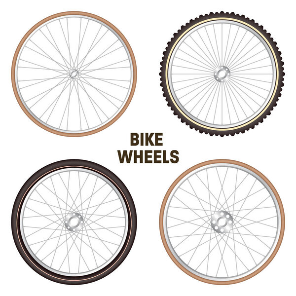 Трехколесные ретро-велосипеды. Винтажные велосипедные резиновые шины, блестящие металлические спицы и диски. Фитнес-цикл, туры, спорт, шоссе и горный велосипед. Векторная иллюстрация.