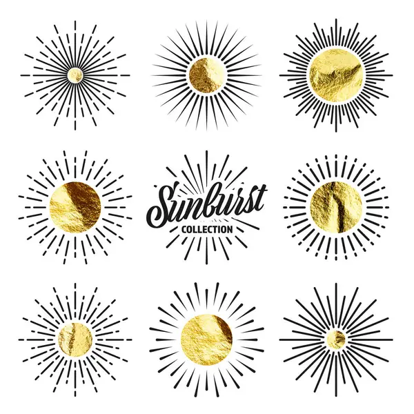 Vintage Sunburst Raios Sol Folha Ouro Círculos Brilhantes Feitos Mão Vetor De Stock