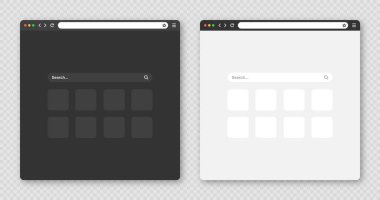 Araç çubuğu ve arama alanı olan boş web tarayıcı penceresi. Modern web sitesi, düz stil internet sayfası. Bilgisayar, tablet ve akıllı telefon için tarayıcı modeli. Aydınlık ve karanlık mod. Vektör illüstrasyonu.