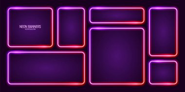 Parlak neon pankartlar, parlak renkli kare çerçeveler. Parlak bir sınır, ışık efekti. Mor antika retro ışıklar, gece aydınlatması. Modern fütürist UI tasarım elementleri. Vektör illüstrasyonu.