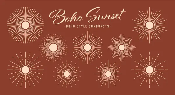 Vintage Sunburst Sunset Beams Collection Boho Stil Modernes Minimalistisches Bohemien lizenzfreie Stockvektoren