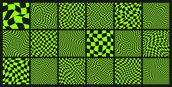 时尚格式化格子 黑色和绿色扭曲格子格子 波纹弯曲的背景 扭曲的效果 时髦的几何棋盘纹理 90年代风格的复古背景 Y2K 矢量说明 图库矢量图片