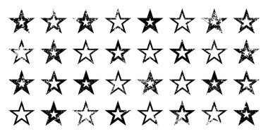 Çatlak ve lekeli klasik yıldızlar. Eski el yazısıyla çizilmiş, siyah basit bir şekil. Retro tasarım elementi sıkıntılı efekt, grunge doku. Vektör illüstrasyonu.