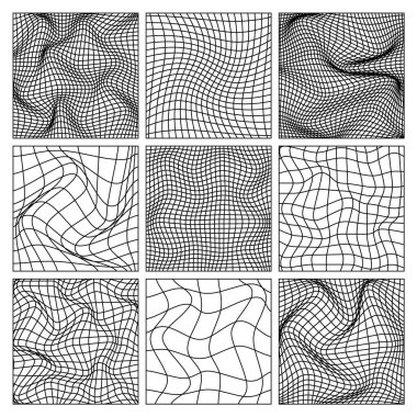 Kablo çerçeve şekilleri, çizgili perspektif örgüsü, üç boyutlu ızgara. Düşük polimetrik elementler. Retro gelecek tasarım elementleri, y2k, buhar dalgası ve sentetik dalga tarzı. Vektör illüstrasyonu.