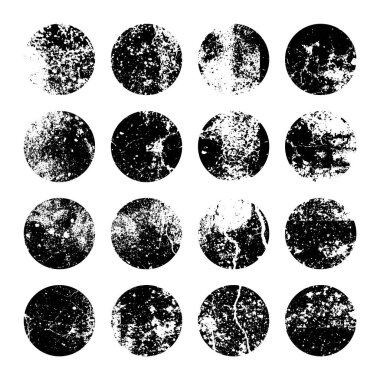 Grunge lekeler ve çiziklerle daireler çiziyor. Çember fırça darbesi, yuvarlak şekil tasarım elementi. Sıkıntılı kirli metin çerçevesi, sınır, çıkartma ya da etiket. Boya fırçası, mürekkep lekeleri. Vektör illüstrasyonu.