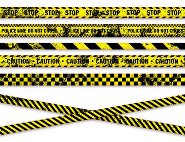 Eski grunge barikat bandı. Sarı polis uyarı hattı, parlak renkli tehlike ya da tehlikeli şerit, şerit. Yasak bölge, yasak bölge. Dikkat sembolü. Vektör illüstrasyonu.