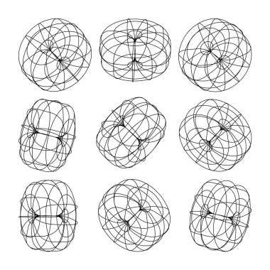 Kablo çerçeveli şekiller. Perspektif ağı, 3 boyutlu ızgara. Düşük polimetrik elementler. Retro gelecek tasarım elementleri, y2k, buhar dalgası ve sentetik dalga tarzı. Vektör illüstrasyonu.