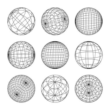 Kablo çerçeve şekilleri, çizgili küre. Perspektif ağı, 3 boyutlu ızgara. Düşük polimetrik elementler. Retro gelecek tasarım elementleri, y2k, buhar dalgası ve sentetik dalga tarzı. Vektör illüstrasyonu.