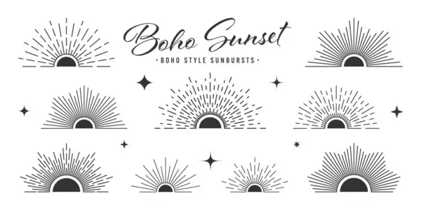Vintage Sunburst Solnedgångsstrålar Halv Cirkel Soluppgång Boho Stil Modern Minimalistisk Vektorgrafik