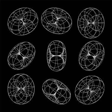Kablo çerçeve şekilleri, çizgili torus. Perspektif ağı, 3 boyutlu ızgara. Düşük polimetrik elementler. Retro gelecek tasarım elementleri, y2k, buhar dalgası ve sentetik dalga tarzı. Vektör illüstrasyonu.