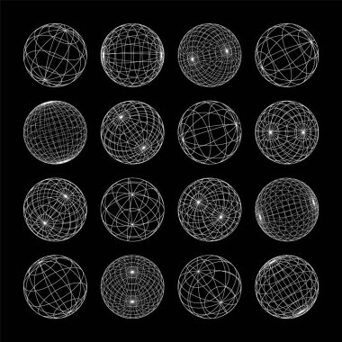 Kablo çerçeve şekilleri, çizgili küre. Perspektif ağı, 3 boyutlu ızgara. Düşük polimetrik elementler. Retro gelecek tasarım elementleri, y2k, buhar dalgası ve sentetik dalga tarzı. Vektör illüstrasyonu.