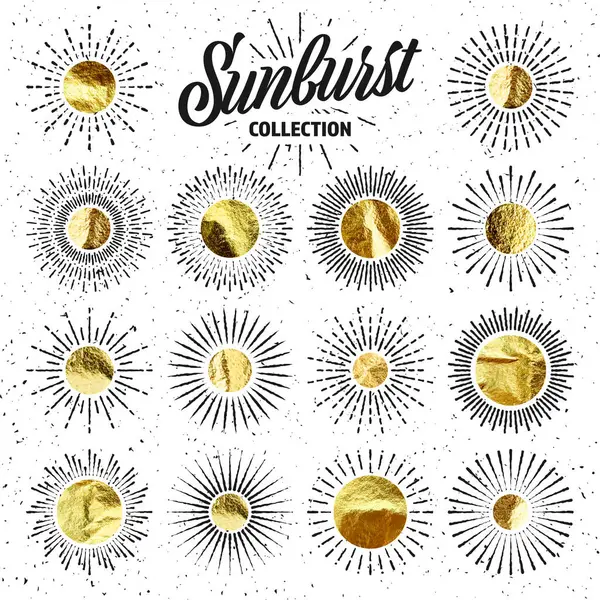 Vintage Grunge Sunburst Solnedgång Strålar Guldfolie Blanka Handgjorda Cirklar Gyllene Stockvektor