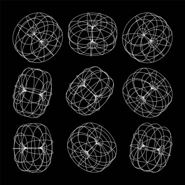 Kablo çerçeveli şekiller. Perspektif ağı, 3 boyutlu ızgara. Düşük polimetrik elementler. Retro gelecek tasarım elementleri, y2k, buhar dalgası ve sentetik dalga tarzı. Vektör illüstrasyonu.