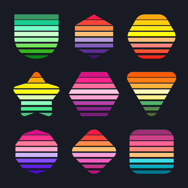 Vintage sunset collection. Various colorful striped sunrise badges in 80s and 90s style. Sun and ocean view, summer vibes, surfing. Design element for print, logo or t-shirt. Vector illustration.