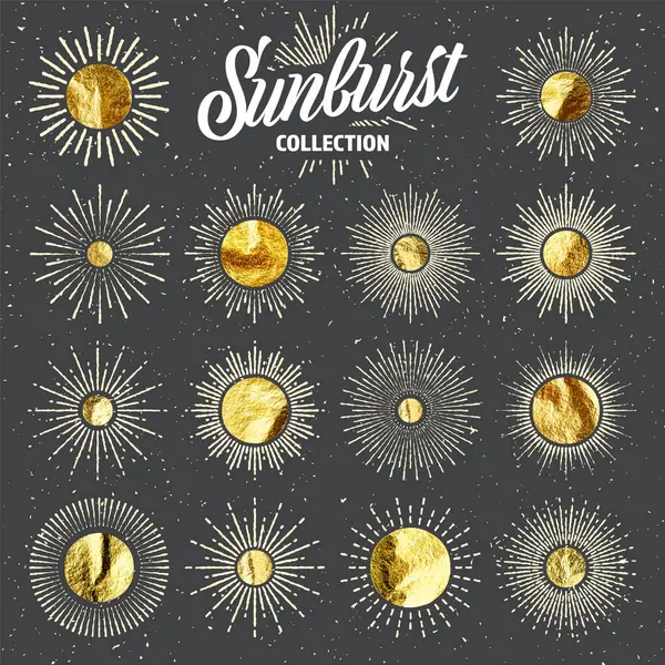 Vintage Grunge Sunburst Solnedgång Strålar Guldfolie Blanka Handgjorda Cirklar Gyllene Stockillustration