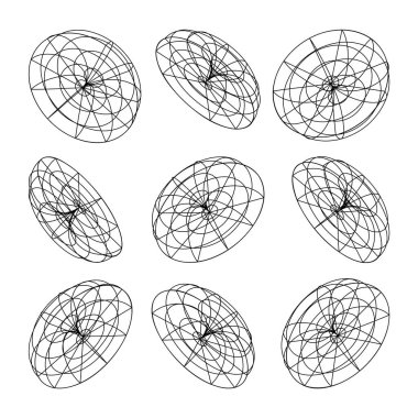 Kablo çerçeveli şekiller. Perspektif ağı, 3 boyutlu ızgara. Düşük polimetrik elementler. Retro gelecek tasarım elementleri, y2k, buhar dalgası ve sentetik dalga tarzı. Vektör illüstrasyonu.