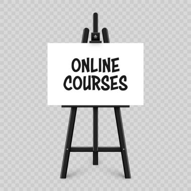 Üzerinde beyaz tuval olan gerçekçi boya masası. Siyah ahşap sehpa ve çizim kağıdı. Tripodun üzerinde sunum tahtası. Uzaktan eğitim, çevrimiçi kurslar ve e-öğrenme. Vektör illüstrasyonu.