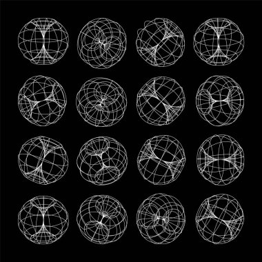 Kablo çerçeveli şekiller. Perspektif ağı, 3 boyutlu ızgara. Düşük polimetrik elementler. Retro gelecek tasarım elementleri, y2k, buhar dalgası ve sentetik dalga tarzı. Vektör illüstrasyonu.