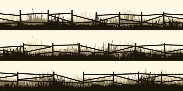 Silhouette Prato Con Erba Vecchia Recinzione Legno Campagna Panoramico Prato Illustrazione Stock