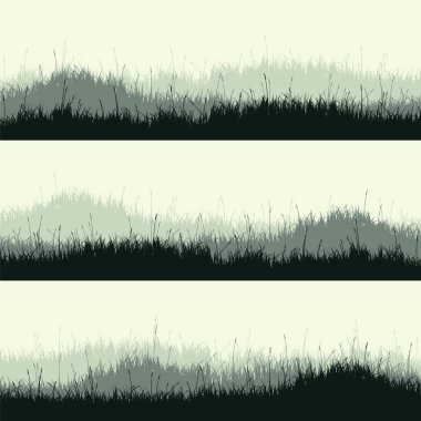 Otlu çayır siluetleri, ovadaki bitkiler. Panoramik yaz çimleri, otlar, çeşitli otlar. Bitki sınırı, çerçeve. Doğa geçmişi. Yeşil yatay pankart. Vektör illüstrasyonu.