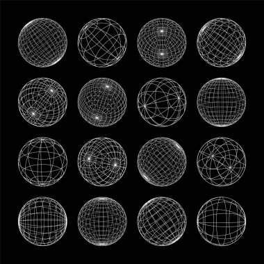 Kablo çerçeve şekilleri, çizgili küre. Perspektif ağı, 3 boyutlu ızgara. Düşük polimetrik elementler. Retro gelecek tasarım elementleri, y2k, buhar dalgası ve sentetik dalga tarzı. Vektör illüstrasyonu.