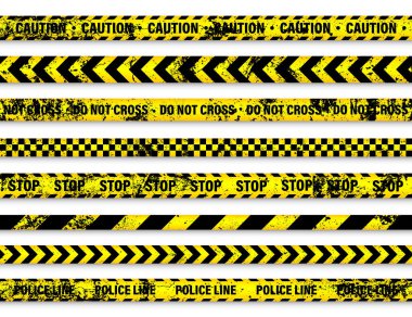 Eski grunge barikat bandı. Sarı polis uyarı hattı, parlak renkli tehlike ya da tehlikeli şerit, şerit. Yasak bölge, yasak bölge. Dikkat sembolü. Vektör illüstrasyonu.