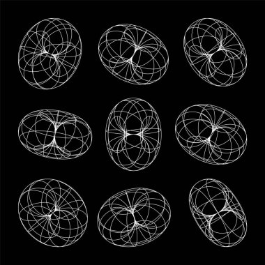 Kablo çerçeve şekilleri, çizgili torus. Perspektif ağı, 3 boyutlu ızgara. Düşük polimetrik elementler. Retro gelecek tasarım elementleri, y2k, buhar dalgası ve sentetik dalga tarzı. Vektör illüstrasyonu.