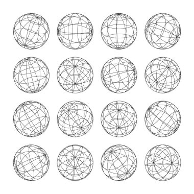 Kablo çerçeve şekilleri, çizgili küre. Perspektif ağı, 3 boyutlu ızgara. Düşük polimetrik elementler. Retro gelecek tasarım elementleri, y2k, buhar dalgası ve sentetik dalga tarzı. Vektör illüstrasyonu.