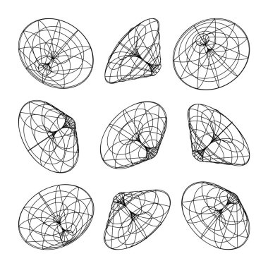 Kablo çerçeveli şekiller. Perspektif ağı, 3 boyutlu ızgara. Düşük polimetrik elementler. Retro gelecek tasarım elementleri, y2k, buhar dalgası ve sentetik dalga tarzı. Vektör illüstrasyonu.