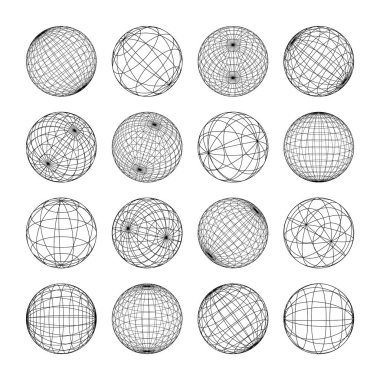 Kablo çerçeve şekilleri, çizgili küre. Perspektif ağı, 3 boyutlu ızgara. Düşük polimetrik elementler. Retro gelecek tasarım elementleri, y2k, buhar dalgası ve sentetik dalga tarzı. Vektör illüstrasyonu.