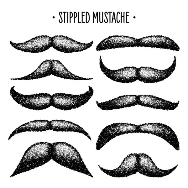 stock vector Stippled vintage mustache. Curly facial hair. Hipster beard. Stippling, dot drawing and shading, stipple pattern, halftone effect. Vector illustration.