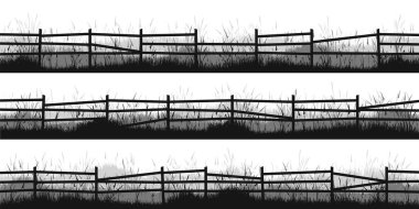 Çimenli ve eski ahşap çitli çayır siluetleri. Kırsal alan, panoramik yaz çimenliği kırsal alan otlar, yabani otlar. Bitki sınırı, çerçeve elementi. Siyah yatay pankartlar. Vektör illüstrasyonu.