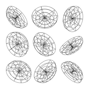 Kablo çerçeveli şekiller. Perspektif ağı, 3 boyutlu ızgara. Düşük polimetrik elementler. Retro gelecek tasarım elementleri, y2k, buhar dalgası ve sentetik dalga tarzı. Vektör illüstrasyonu.