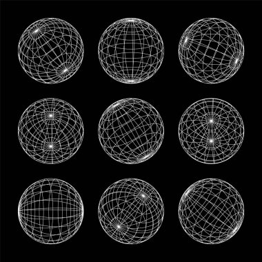 Kablo çerçeve şekilleri, çizgili küre. Perspektif ağı, 3 boyutlu ızgara. Düşük polimetrik elementler. Retro gelecek tasarım elementleri, y2k, buhar dalgası ve sentetik dalga tarzı. Vektör illüstrasyonu.