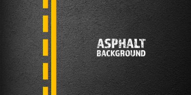 Sarı şerit işaretli asfalt yol, beton yol yüzeyi, doku. Sokak trafiği, yol ayırma şeridi. Kum tanecikli desen, grunge taşı arkaplan. Vektör illüstrasyonu.