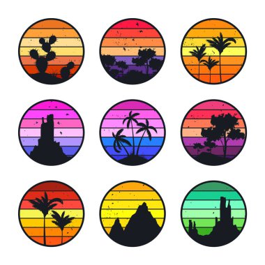 Grunge klasik günbatımı koleksiyonu. 80 'ler ve 90' lar tarzında renkli çizgili gündoğumu rozetleri. Güneş ve okyanus manzarası, yaz atmosferi, sörf. Baskı, logo ya da tişört için tasarım elemanı. Vektör illüstrasyonu.