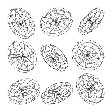Kablo çerçeveli şekiller. Perspektif ağı, 3 boyutlu ızgara. Düşük polimetrik elementler. Retro gelecek tasarım elementleri, y2k, buhar dalgası ve sentetik dalga tarzı. Vektör illüstrasyonu.