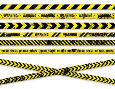 Eski grunge barikat bandı. Sarı polis uyarı hattı, parlak renkli tehlike ya da tehlikeli şerit, şerit. Yasak bölge, yasak bölge. Dikkat sembolü. Vektör illüstrasyonu.