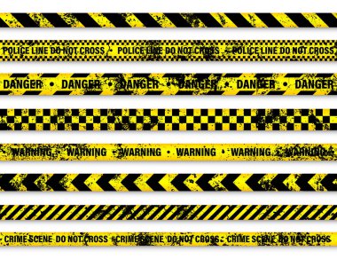 Eski grunge barikat bandı. Sarı polis uyarı hattı, parlak renkli tehlike ya da tehlikeli şerit, şerit. Yasak bölge, yasak bölge. Dikkat sembolü. Vektör illüstrasyonu.