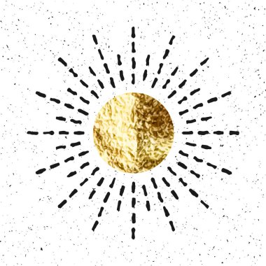 Klasik grunge gün batımı ışınları. Altın folyo, parlak el yapımı daireler. Altın parıltılı doku, desen. El çizimi güneş patlaması, ışık ışınları. Logoti, harfler, eski tarz. Vektör illüstrasyonu.