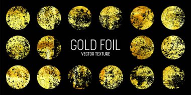 Grunge altın folyo, parlak el yapımı daireler. Altın parıltılı doku, desen. Şatafatlı, parlak arka plan çizimi. Düğün, tebrik kartı dekorasyonu. Modern sanat. Vektör illüstrasyonu.