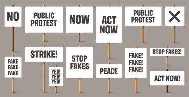 Tahta tutacağında sloganlar yazan boş beyaz protesto işaretleri. Çeşitli gerçekçi vektör tanıtım pankartları. Karton pano modellemesi grevde. Sosyal reklam. Vektör illüstrasyonu.