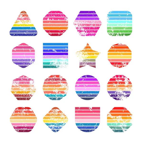 stock vector Grunge vintage sunset collection. Various colorful striped sunrise badges in 80s and 90s style. Sun and ocean view, summer vibes, surfing. Design element, print, logo or t-shirt. Vector illustration.