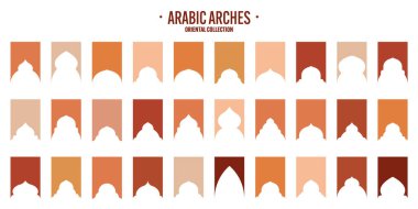 İslami çerçeveler, doğu tarzı objeler. Arap şekilleri, pencereler ve kemerler. Geleneksel süs afişi, çerçeve. Müslüman bayramları, Ramazan Kareem. Modern doğu mimarisi. Vektör illüstrasyonu.