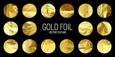 Altın folyo, parlak el yapımı daireler. Altın parıltılı doku, desen. Şatafatlı, parlak arka plan çizimi. Düğün, tebrik kartı dekorasyonu. Modern minimalist sanat. Vektör illüstrasyonu.