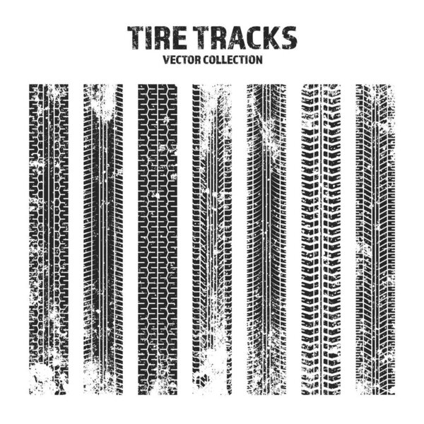 Grunge tire tracks, wheel braking marks. Truck, car or motorcycle tread pattern silhouettes. Auto race, motorsport, speed racing design element. Vector illustration.