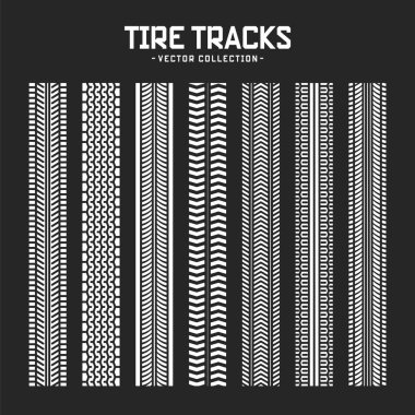 Lastik izleri, tekerlek fren izleri. Kamyon, araba ya da motosiklet lastiği siluetleri. Araba yarışı, motor sporu, hız yarışı tasarım unsuru. Vektör illüstrasyonu.