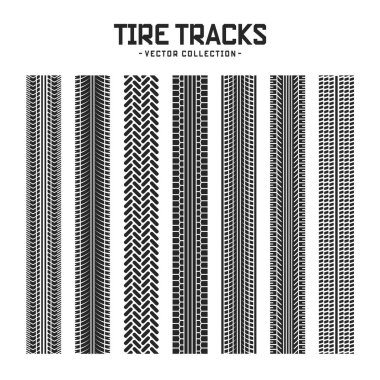 Lastik izleri, tekerlek fren izleri. Kamyon, araba ya da motosiklet lastiği siluetleri. Araba yarışı, motor sporu, hız yarışı tasarım unsuru. Vektör illüstrasyonu.